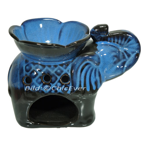 Duftlampe Elefent & Blume Keramik Aromalampe Duftstövchen blau schwarz 4173